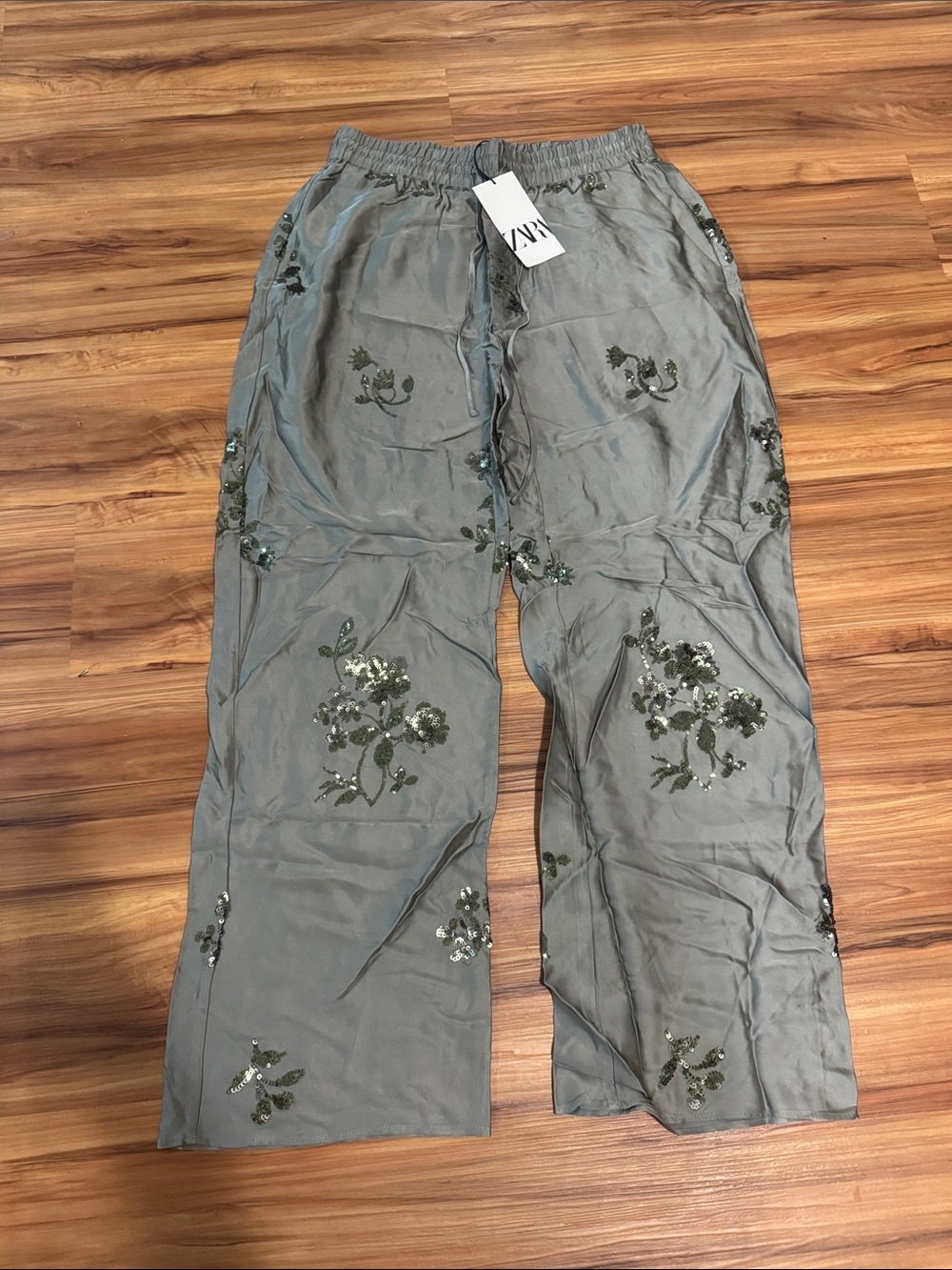 Zara Olive Green Embroidered Satin Pants